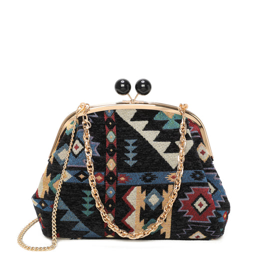 Bolso de mano y bandolera tipo vintage con tejido étnico y terciopelo en color negro -mbyou
