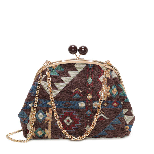 Bolso de mano y bandolera tipo vintage con tejido étnico y terciopelo en color marrón- mbyou
