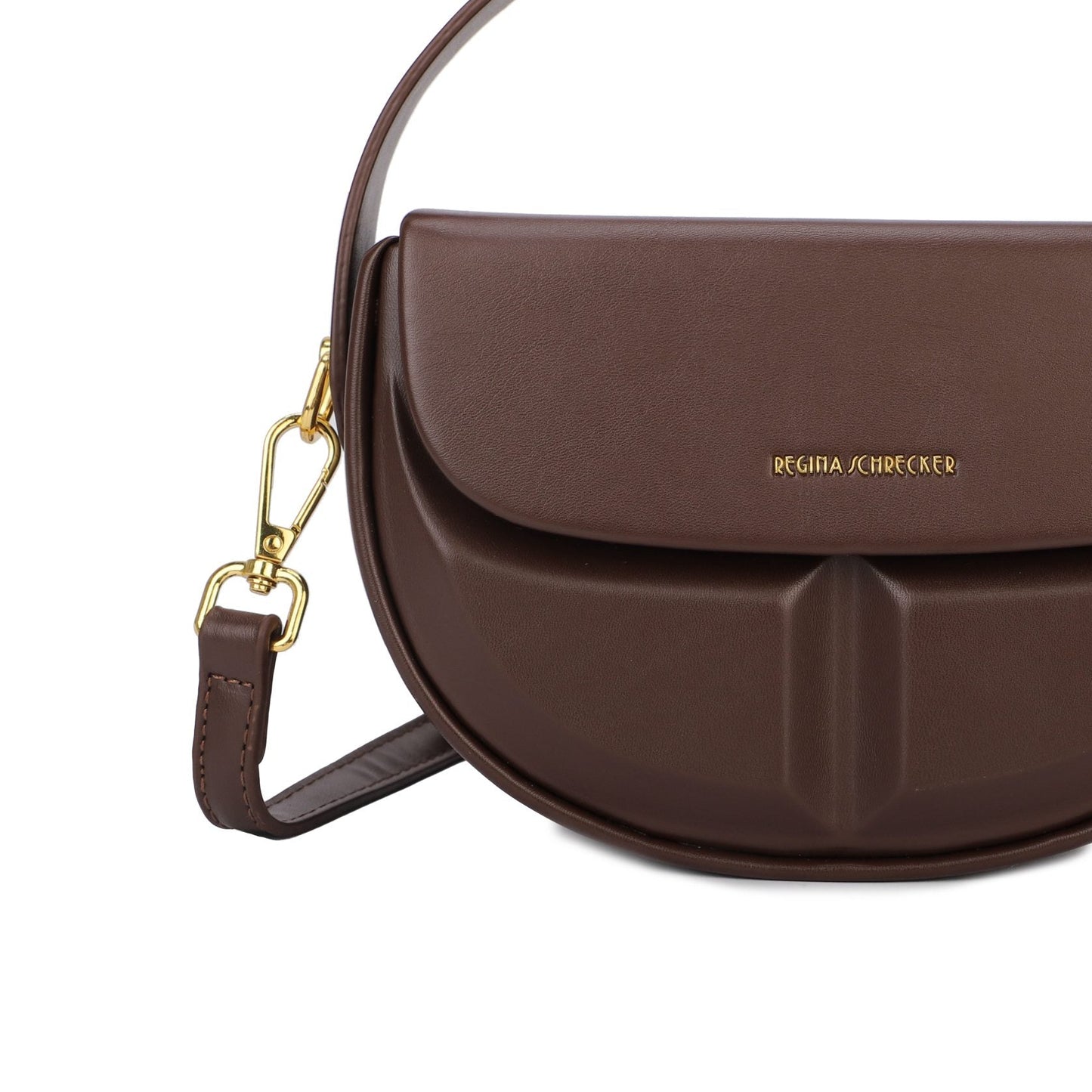 Bolso de mano y bandolera rígido con forma media luna y detalles geométricos color chocolate - mbyou