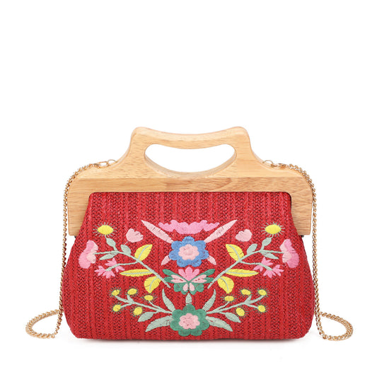 Bolso tipo rafia en color rojo con mango de madera y diseño floral colorido - Moments by You