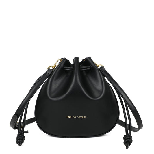 Bolso bandolera efecto piel en formato saco con logo dorado de color negro  - mbyou