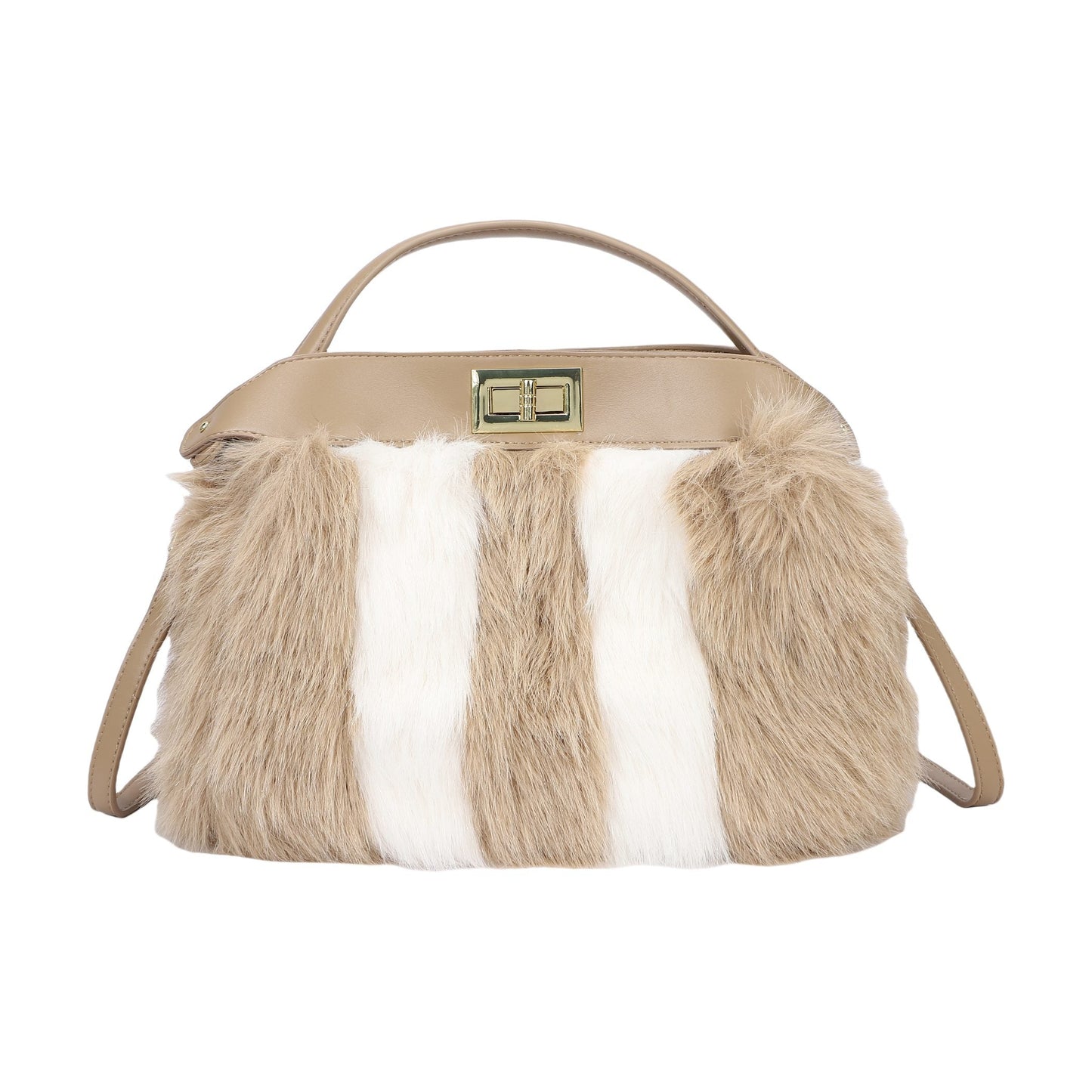 Bolso de mano y bandolera con pelo a rayas en colores beige y blanco - mbyou