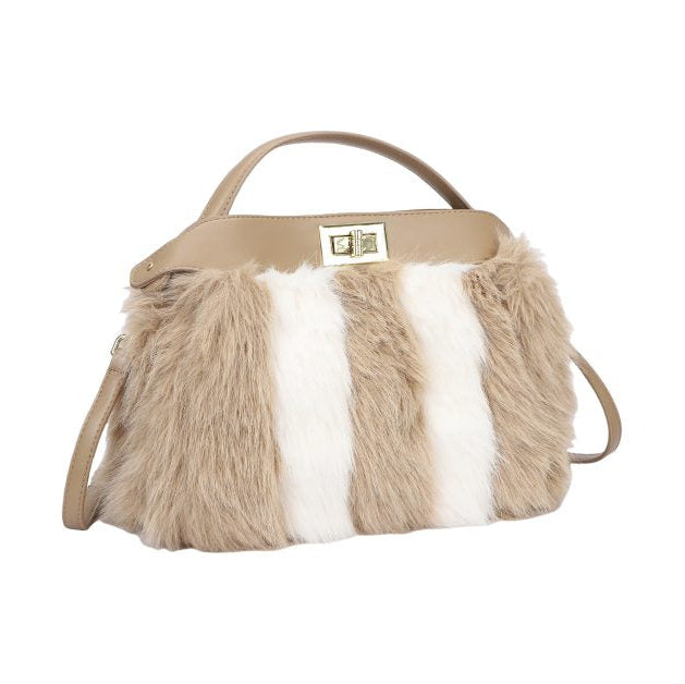 Bolso de mano y bandolera con pelo a rayas en colores beige y blanco - mbyou