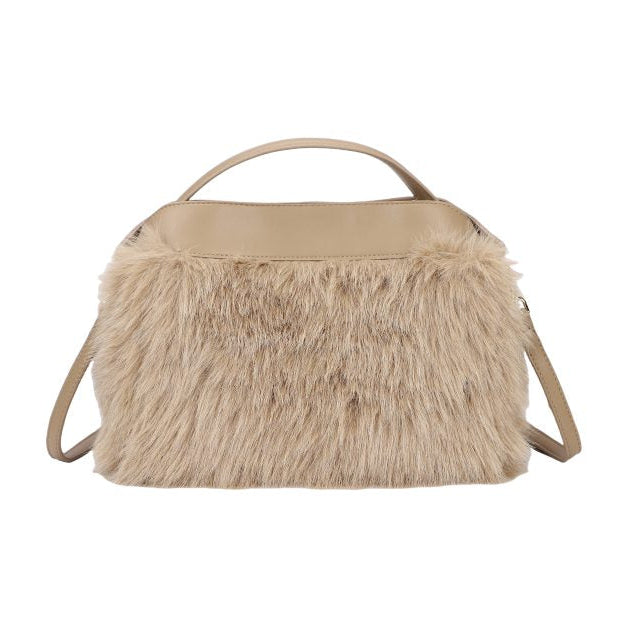 Bolso de mano y bandolera con pelo a rayas en colores beige y blanco - mbyou