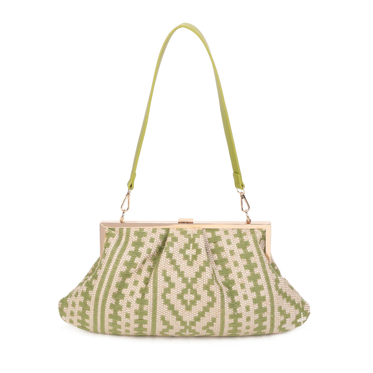 Bolso grande tipo rafia con diseño abstracto geométrico en verde y beige - Moments by You