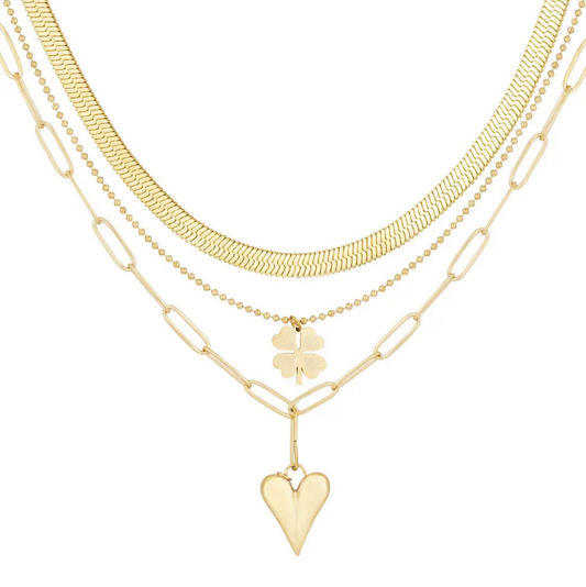 Collar largo de acero triple malla con trébol y corazón oro - Moments by You
