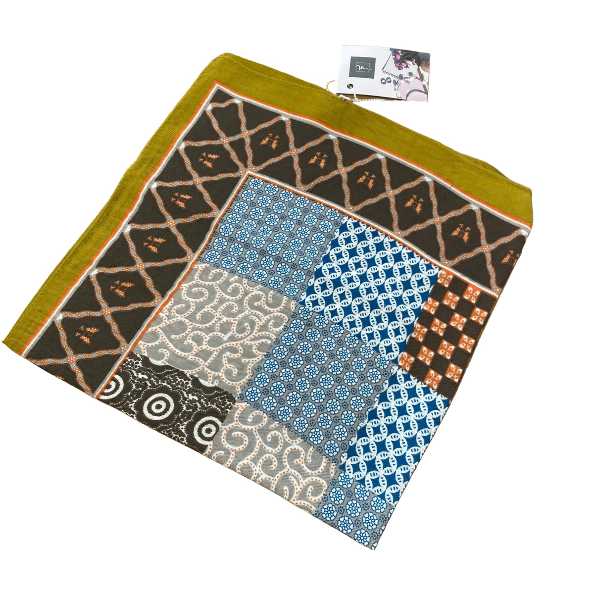Pañuelo de cuello con varios diseños de patrones en azul, chocolate y verde oliva - Moments by You