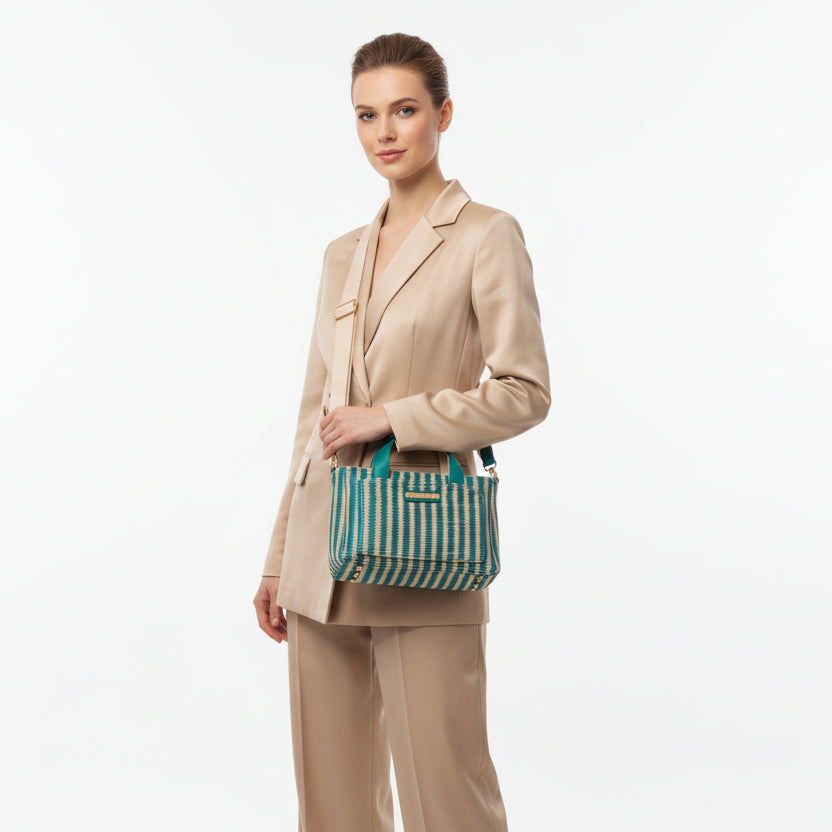 Bolso pequeño de mano y bandolera de rafia en azul y beige - mbyou - Moments by You