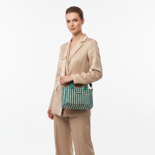 Bolso pequeño de mano y bandolera de rafia en azul y beige - mbyou - Moments by You