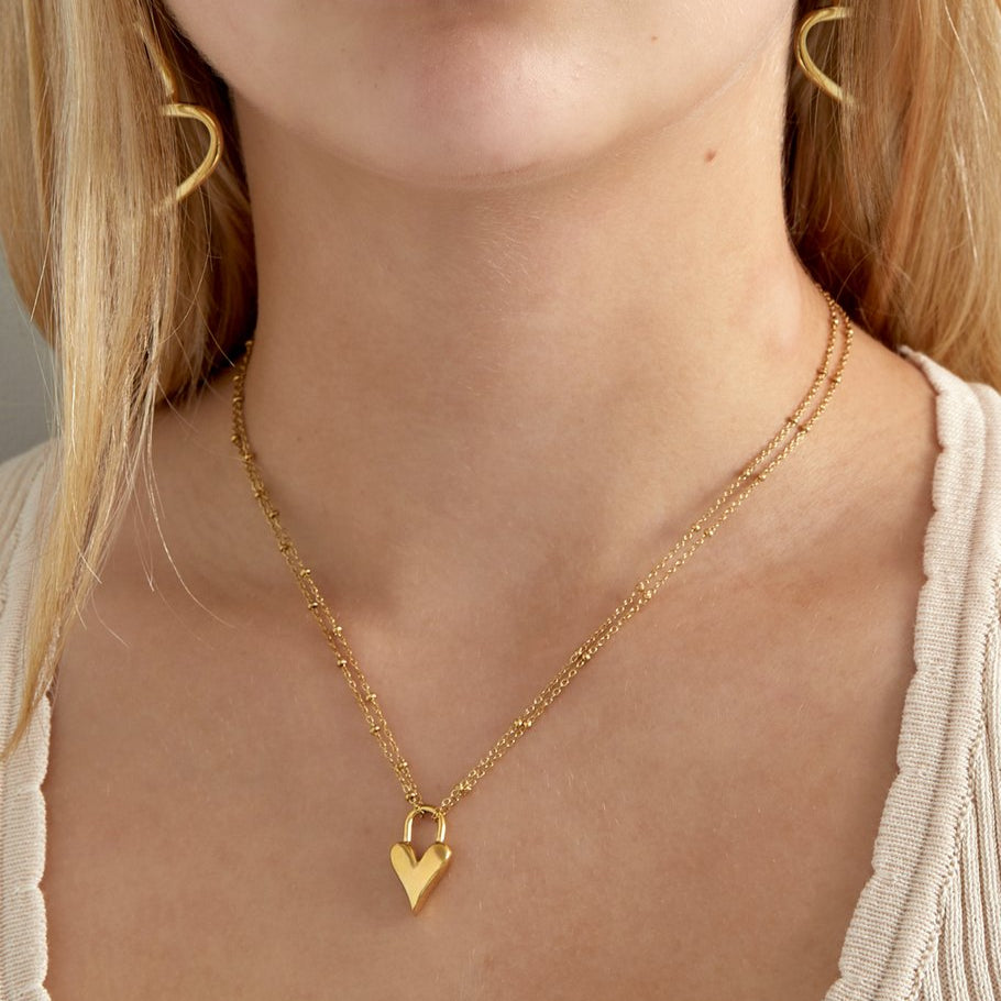 Collar de acero doble cadena y corazón liso alargado acabado oro - mbyou