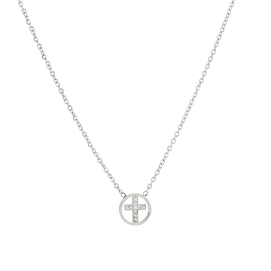 Collar de acero inoxidable con cruz con circonitas rodeada de una circunferencia acabado plata - mbyou