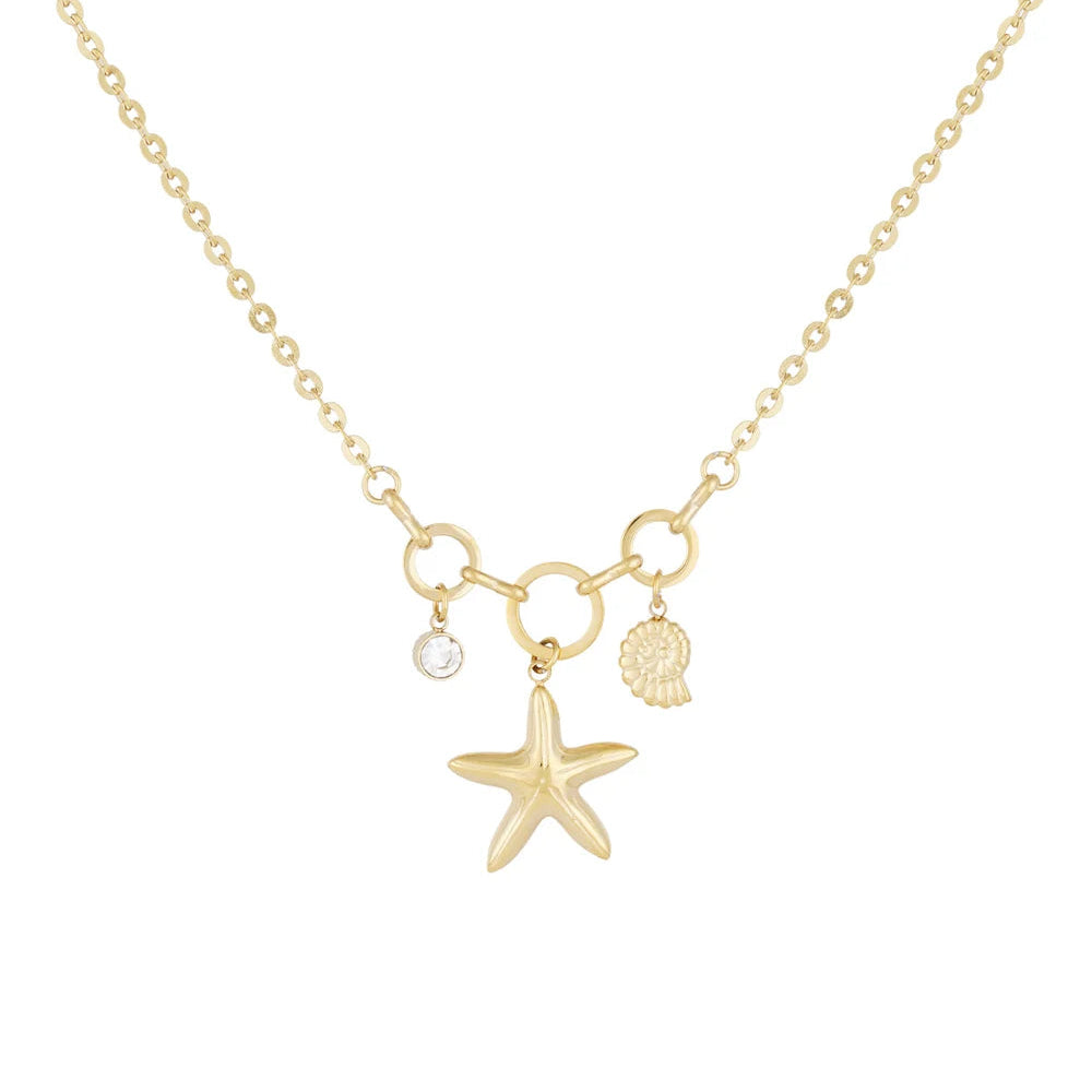 Collar de acero con aros que cuelgan dijes del mar y una circonita acabado oro - Moments by You