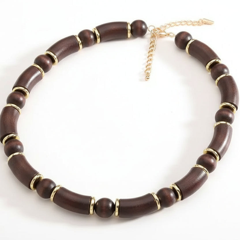 Collar largo de acero y madera con esferas y formas geométricas - Moments by You