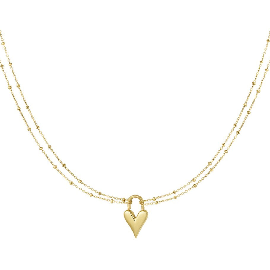 Collar de acero doble cadena y corazón liso alargado acabado oro - mbyou