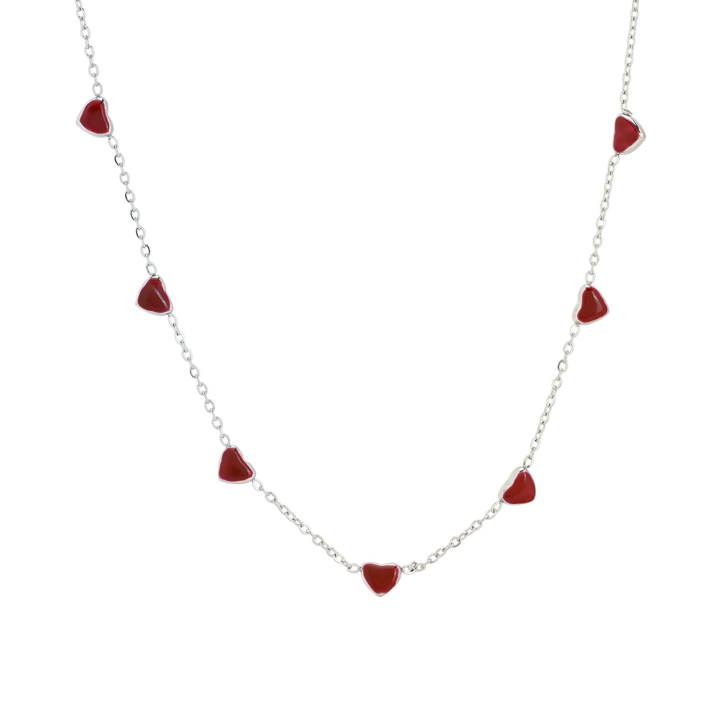 Collar en acero inoxidable con corazones rojos acabado plata