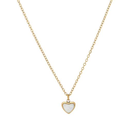 Collar de acero inoxidable con un dije de corazón con piedra de nácar en color blanco y acabado oro- mbyou