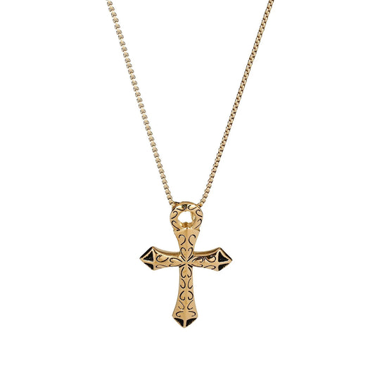 Collar de hombre de acero inoxidable con cruz egipcia grande acabado oro y negro - mbyou