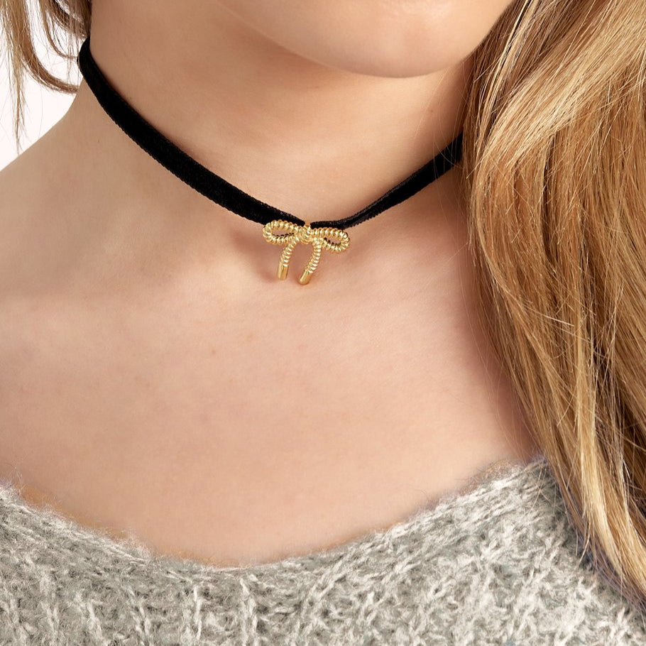 Collar chocker de acero inoxidable y terciopela con un lazo acabado oro - mbyou