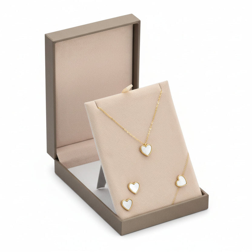 Conjunto Collar, Pendientes y Pulsera de acero y nácar en forma de corazón - Moments by You