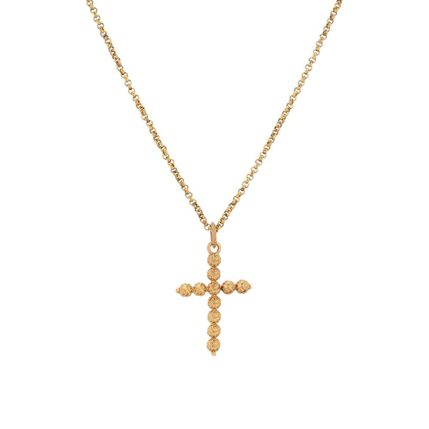 Collar de cruz en acero y diseño de circunferencias oro