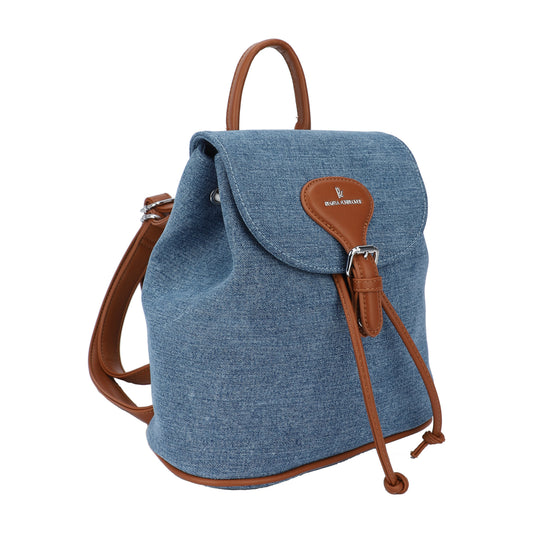 Bolso mochila denim azul oscuro combinado con detalles camel