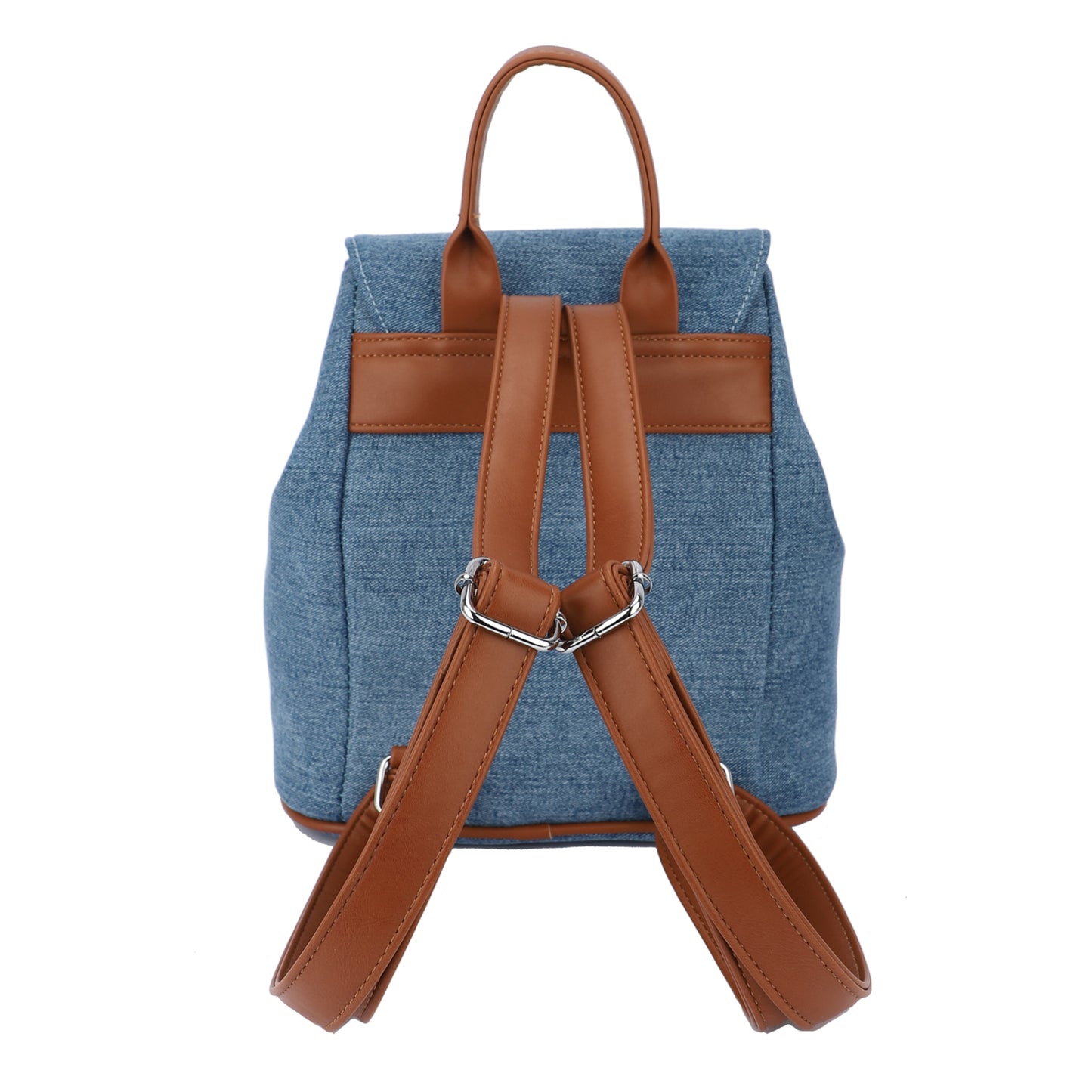 Bolso mochila denim azul claro combinado con detalles camel