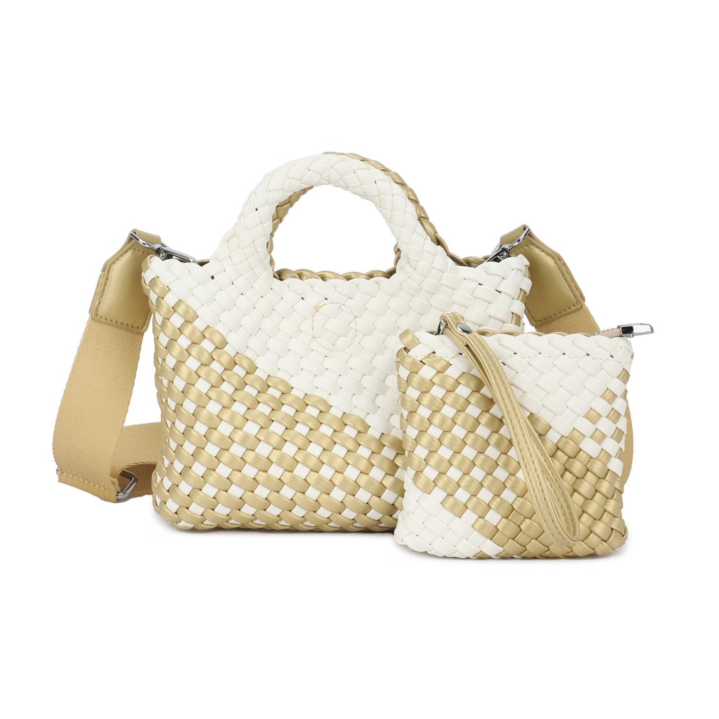 Bolso efecto piel trenzada color dorado y blanco pequeño