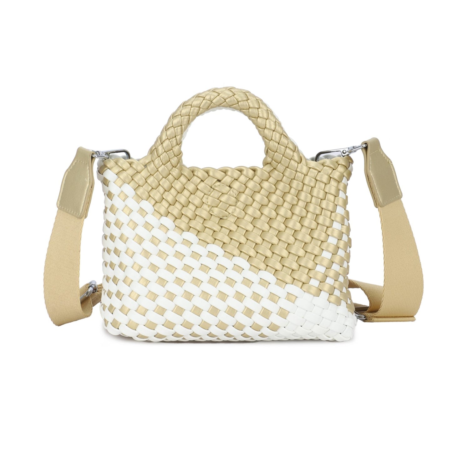 Bolso efecto piel trenzada color dorado y blanco pequeño