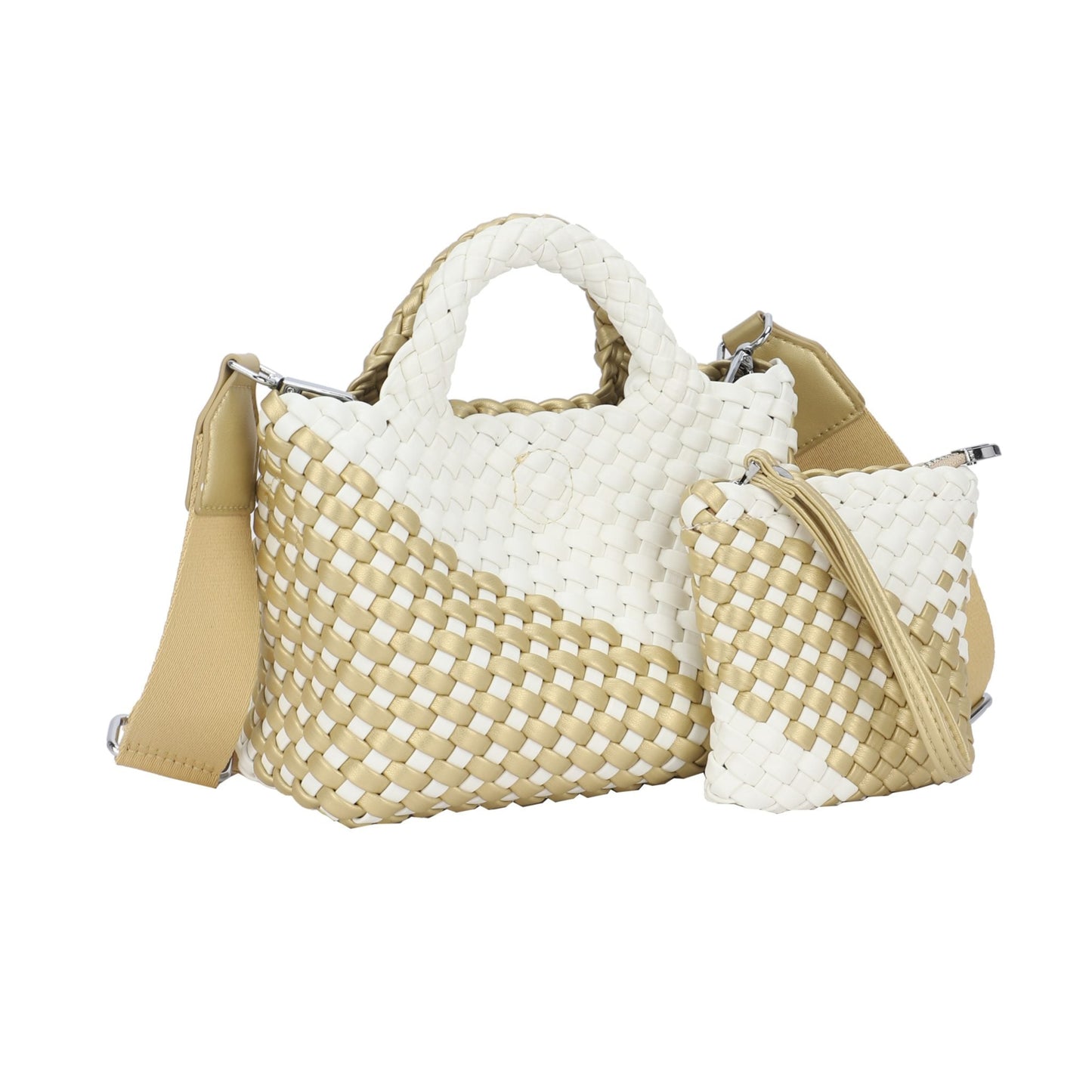 Bolso efecto piel trenzada color dorado y blanco pequeño