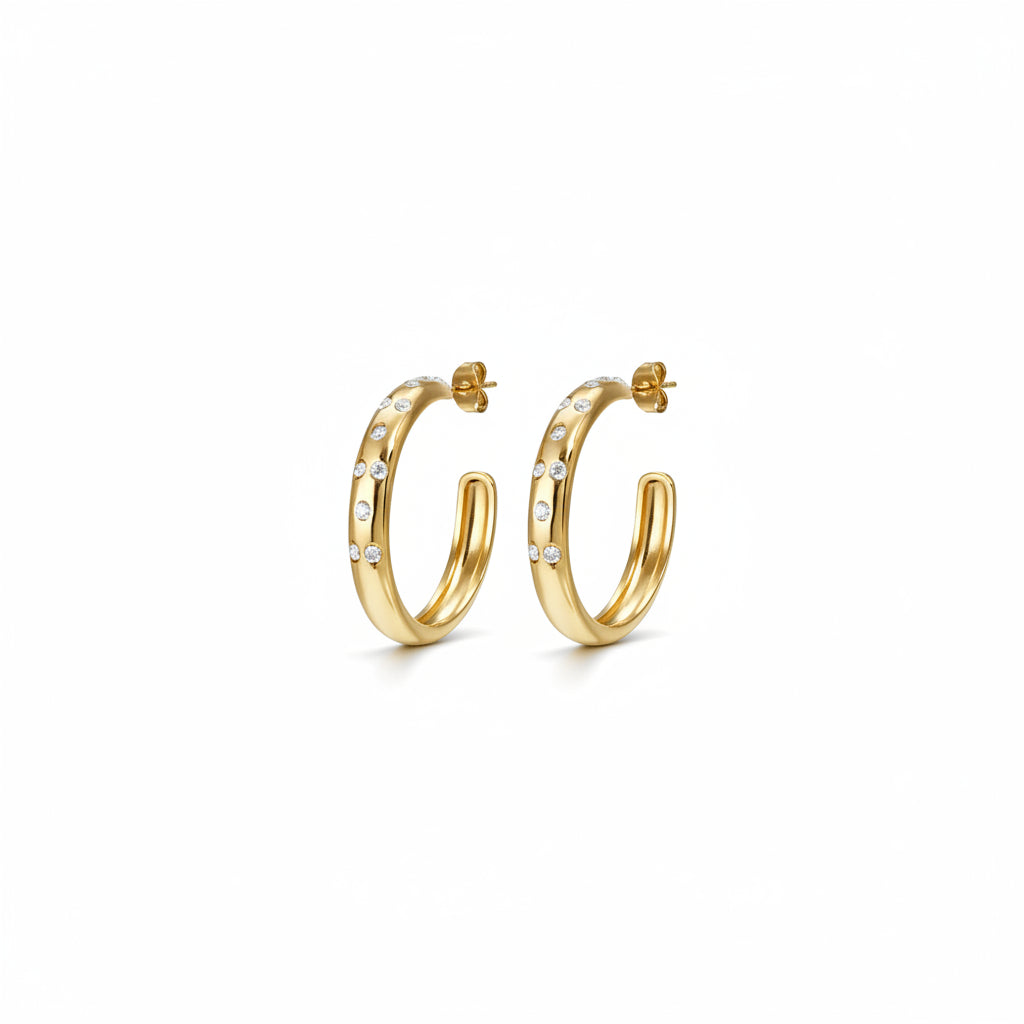 Pendientes de acero inoxidable en forma de aro abiertos con circonitas acabado oro - Moments by You