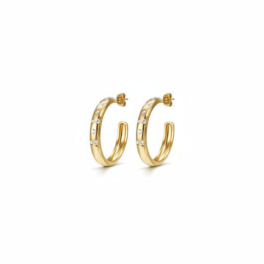 Pendientes de acero inoxidable en forma de aro abiertos con circonitas acabado oro - Moments by You