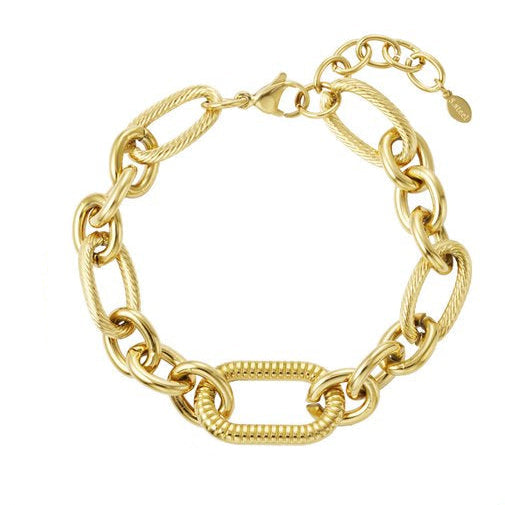 Pulsera de acero de eslabones con texturas y tamaños diferentes acabado oro