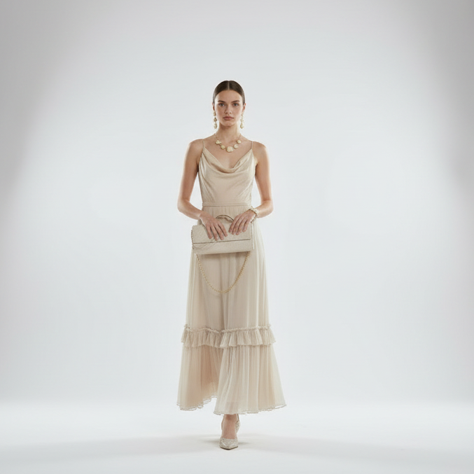 Look beige y nácar para eventos (Zapatos + pendientes + collar + pulsera + bolso) - Moments by You
