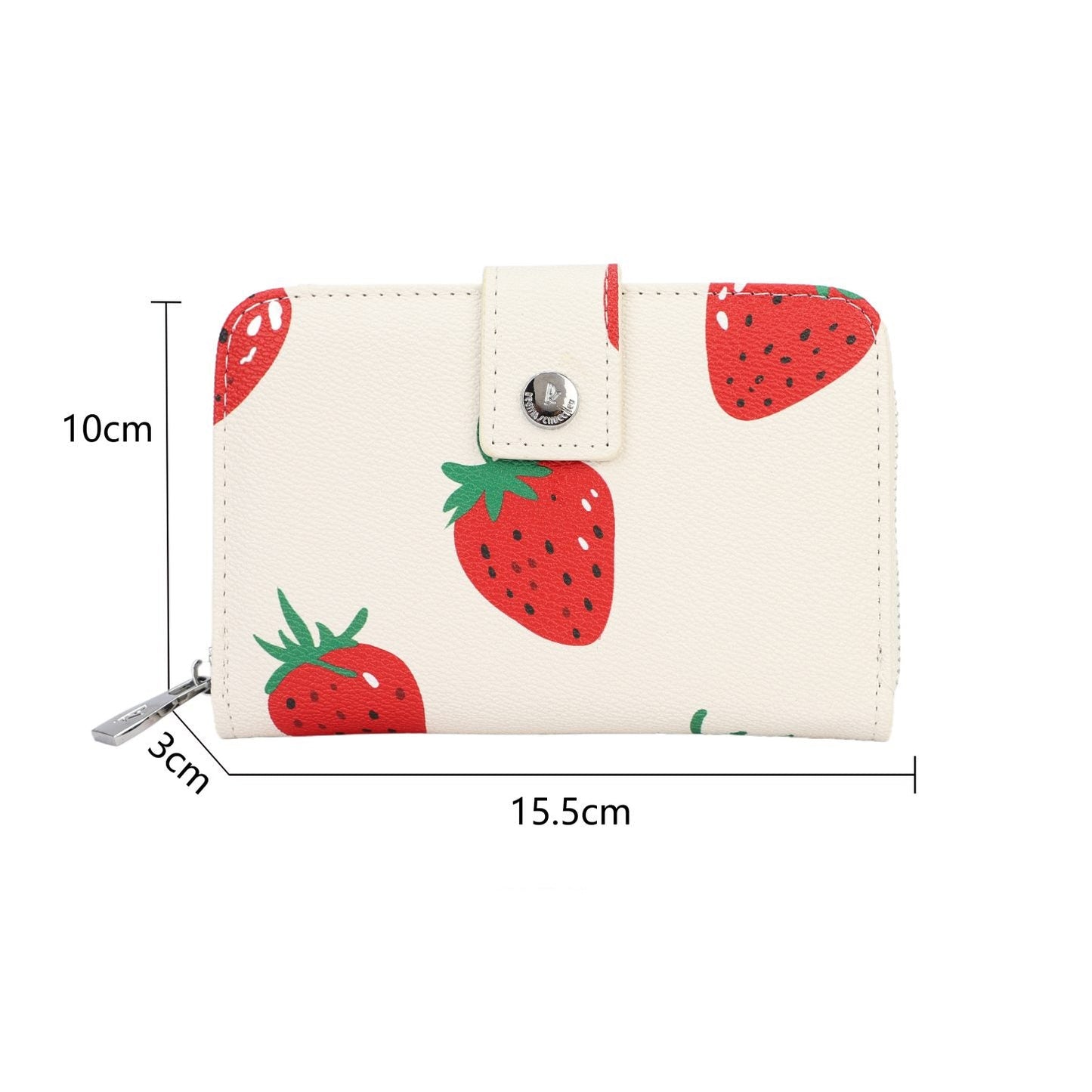 Monedero tamaño mediano con botón de click y cremallera efecto piel en color beige con estampado de fresas - mbyou