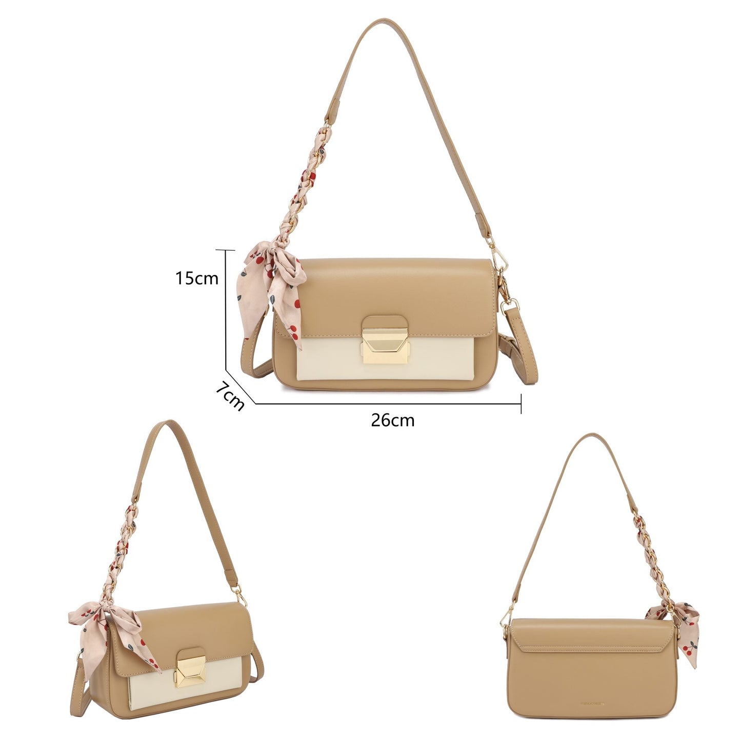 Bolso rectangular rígido con solapa bicolor y pañuelo incorporado en la cadena color azul marino y beige -