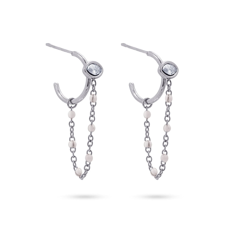 Pendientes de acero tipo aro con circonita y cadena colgante con cuentas - Moments by You