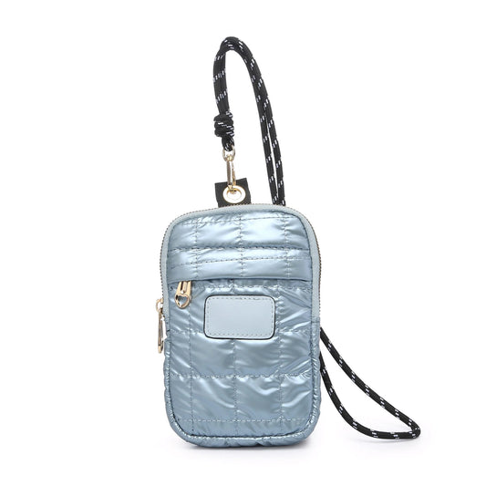 Bolso para teléfono acolchado de color azul cielo metalizado y cordón negro - mbyou