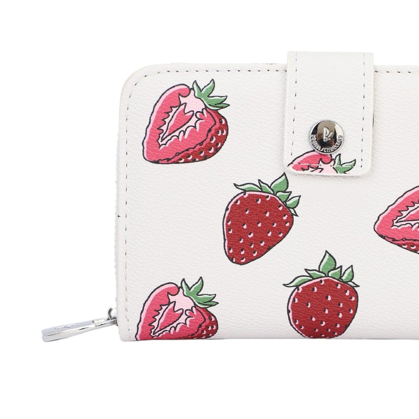 Monedero tamaño mediano con botón de click y cremallera efecto piel en color perla con estampado de fresas - mbyou