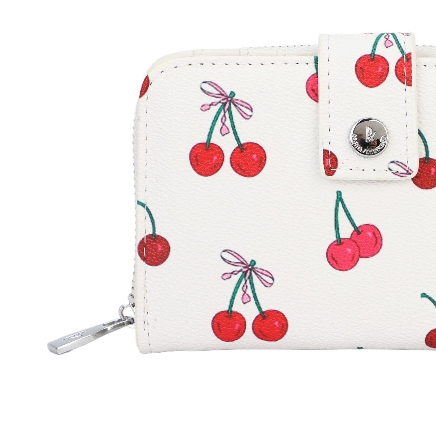 Monedero tamaño mediano con botón de click y cremallera efecto piel en color perla con estampado de cerezas - mbyou