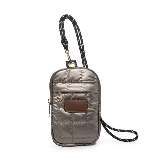 Bolso para teléfono acolchado de color bronce metalizado y cordón negro - mbyou