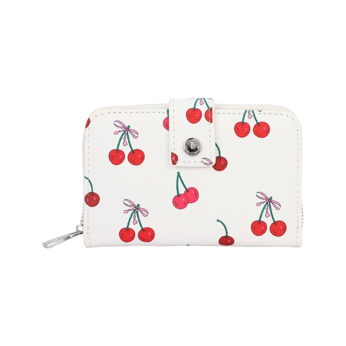 Monedero tamaño mediano con botón de click y cremallera efecto piel en color perla con estampado de cerezas - mbyou