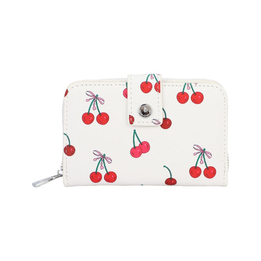 Monedero tamaño mediano con botón de click y cremallera efecto piel en color perla con estampado de cerezas - mbyou