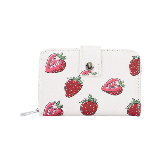 Monedero tamaño mediano con botón de click y cremallera efecto piel en color perla con estampado de fresas - mbyou