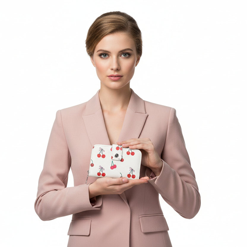 Monedero tamaño mediano con botón de click y cremallera efecto piel en color perla con estampado de cerezas - Moments by You