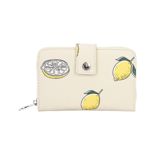 Monedero tamaño mediano con botón de click y cremallera efecto piel en color beige con estampado de limones - mbyou