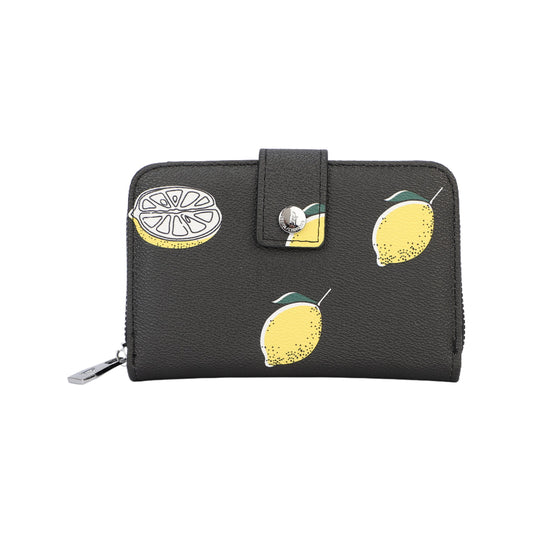 Monedero tamaño mediano con botón de click y cremallera efecto piel en color negro con estampado de limones - mbyou