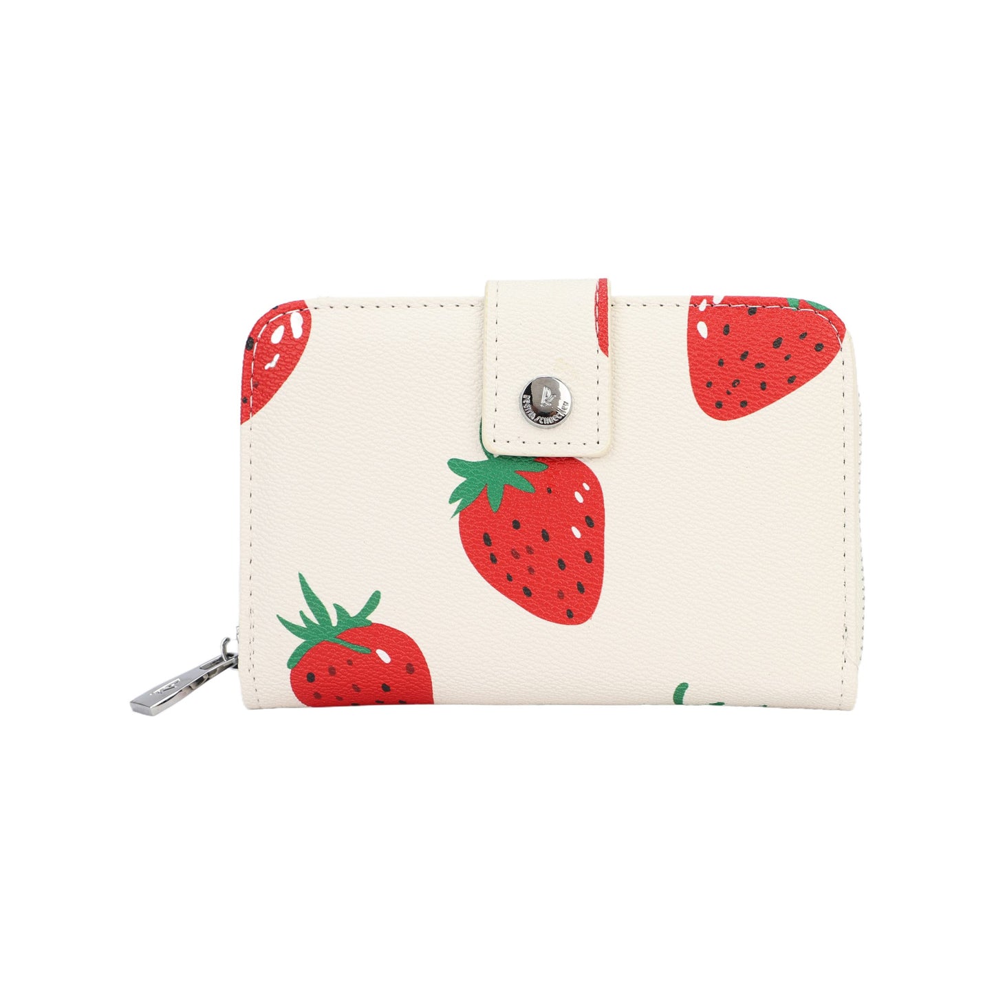 Monedero tamaño mediano con botón de click y cremallera efecto piel en color beige con estampado de fresas - mbyou