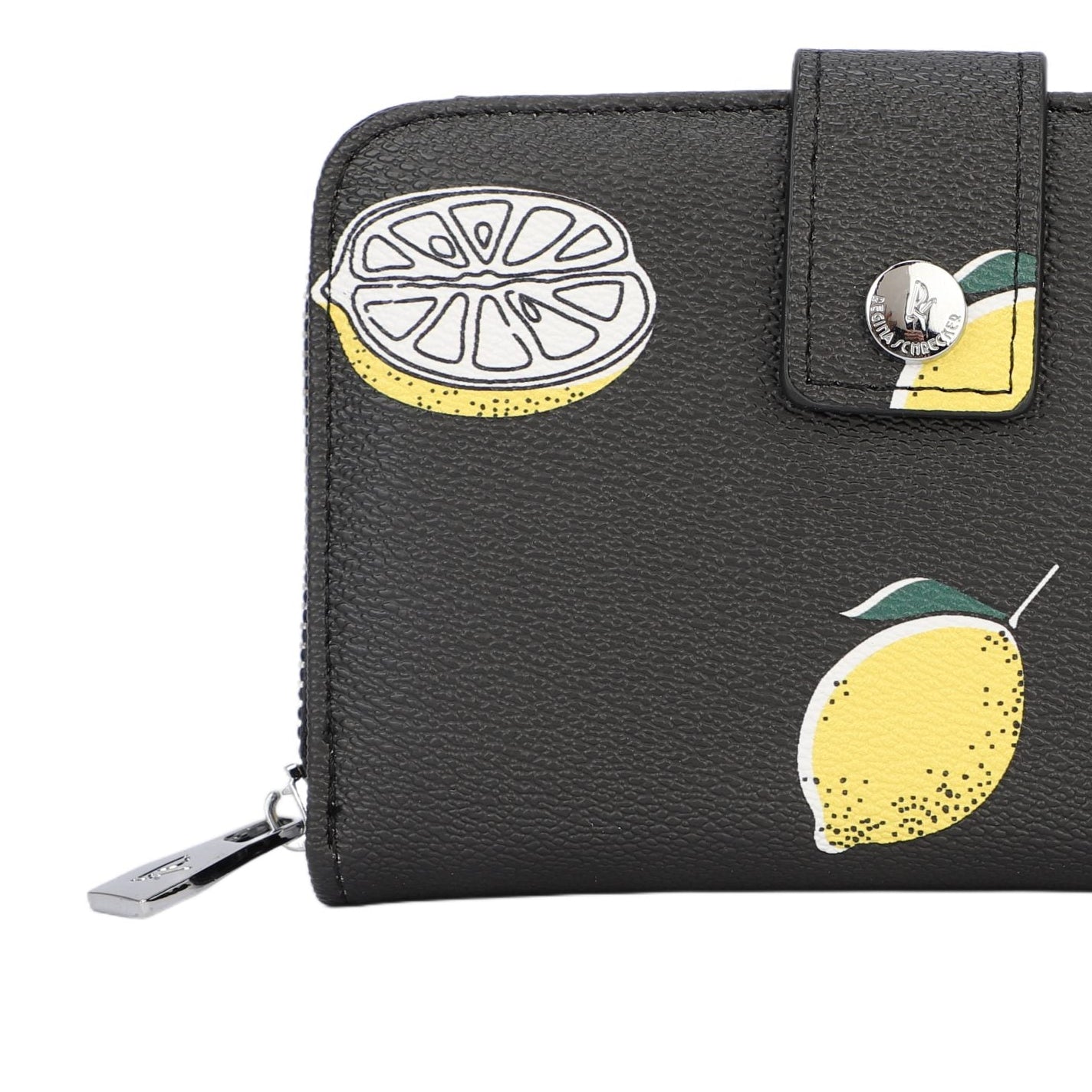 Monedero tamaño mediano con botón de click y cremallera efecto piel en color negro con estampado de limones - mbyou