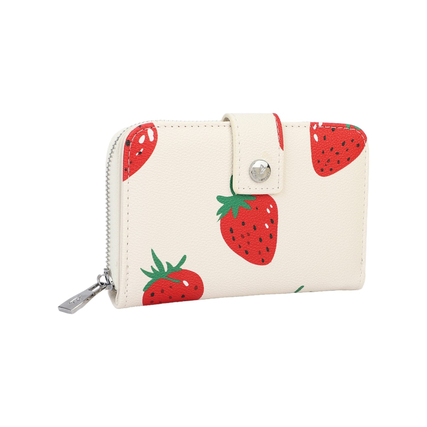 Monedero tamaño mediano con botón de click y cremallera efecto piel en color beige con estampado de fresas - mbyou