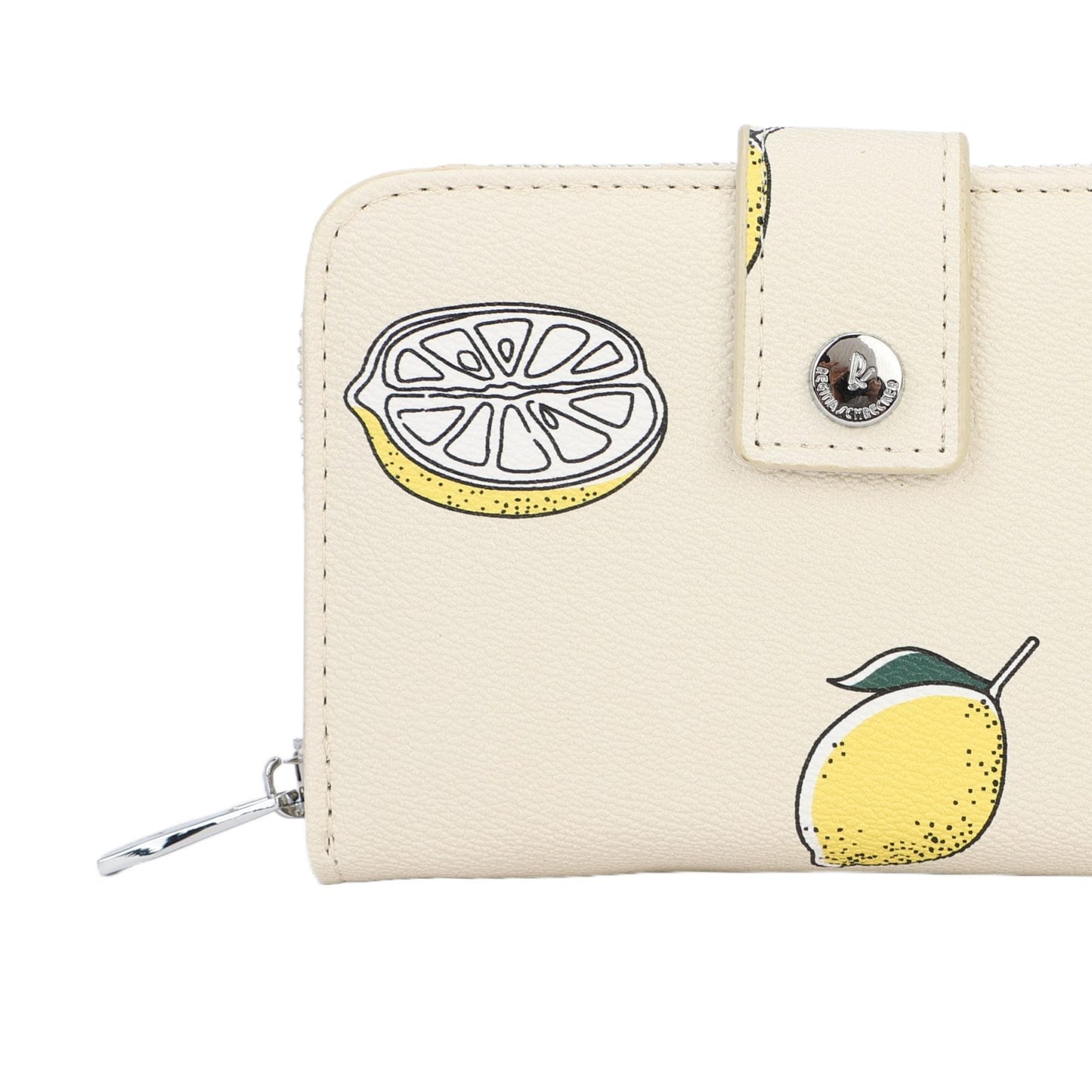 Monedero tamaño mediano con botón de click y cremallera efecto piel en color beige con estampado de limones - mbyou